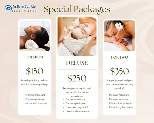 Catalogue spa phải cung cấp đầy đủ thông tin về các gói dịch vụ spa