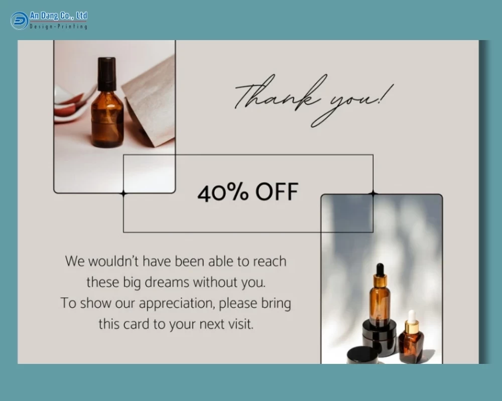 Mẫu thẻ cảm ơn có tích hợp voucher giảm giá cho shop mỹ phẩm