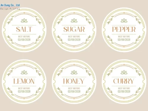Mẫu tem nhãn các loại gia vị muối, đường, ớt, chanh, mật ong, cà ri