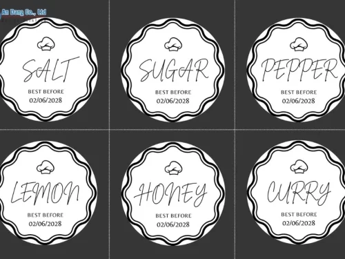 Mẫu nhãn dán các loại gia vị muối, đường, ớt, chanh, mật ong, cà ri
