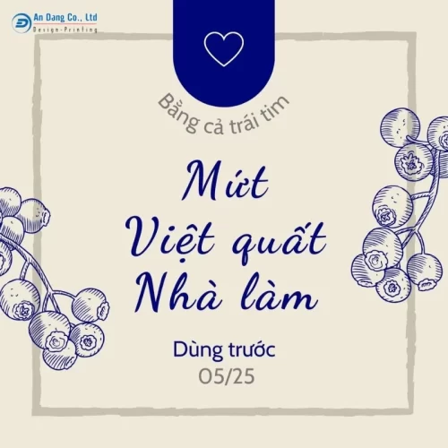 Mẫu tem nhãn hộp mứt việt quất dạng vuông