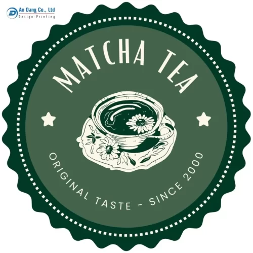 Mẫu nhãn dán tròn thể hiện logo và tên thương hiệu trà
