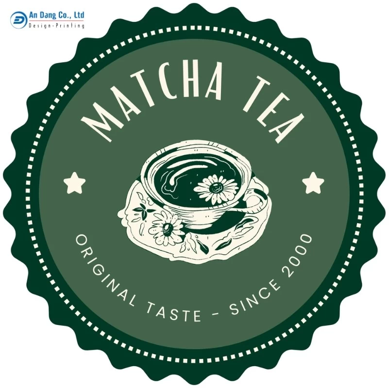 Mẫu nhãn dán tròn thể hiện logo và tên thương hiệu trà