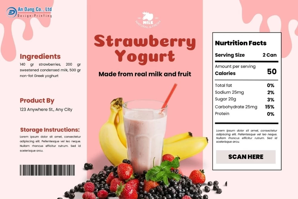 Mẫu tem sữa chua vị dâu chuyên nghiệp, thu hút