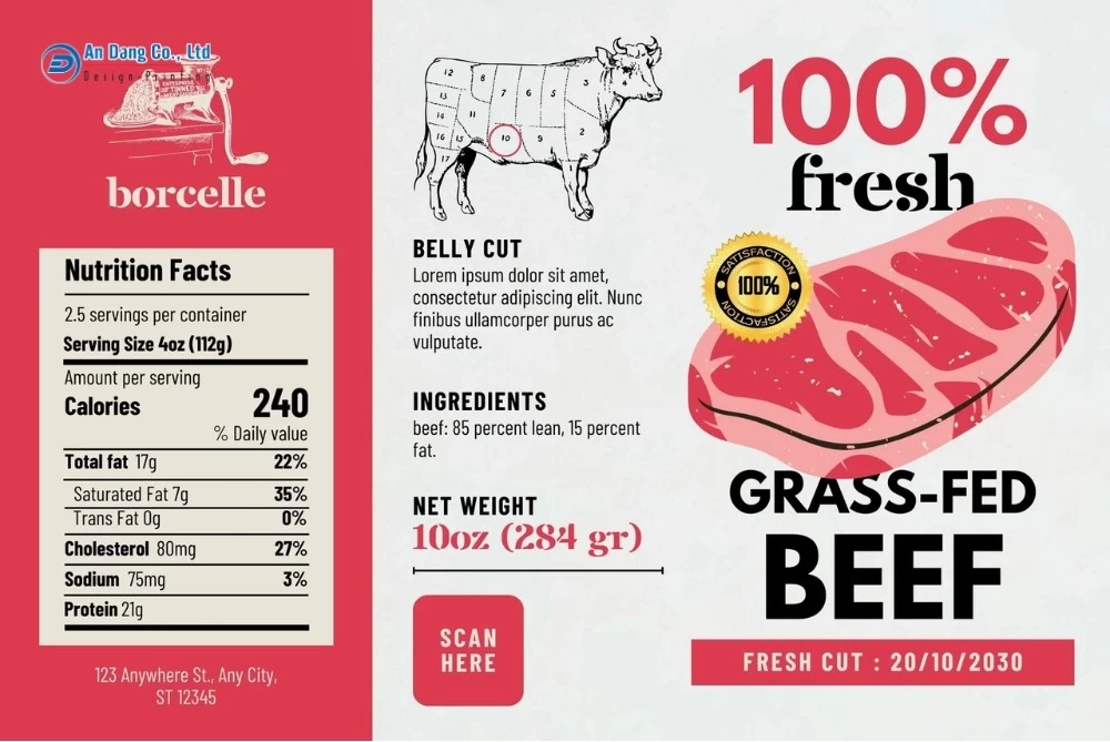 Mẫu tem thịt bò chuyên nghiệp, cung cấp đủ thông tin cần thiết