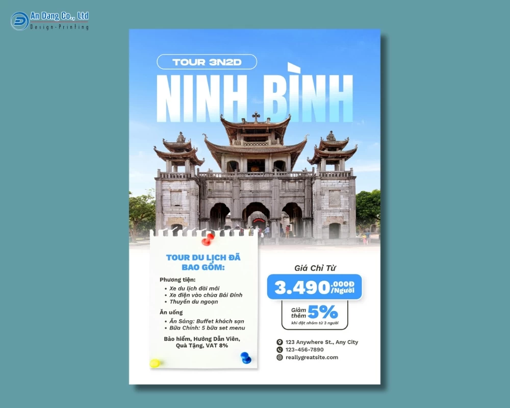 Mẫu 1 - tờ rơi quảng cáo tour du lịch 3 ngày 2 đêm ở Ninh Bình