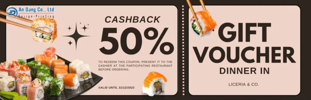 Mẫu in voucher giảm giá món sushi