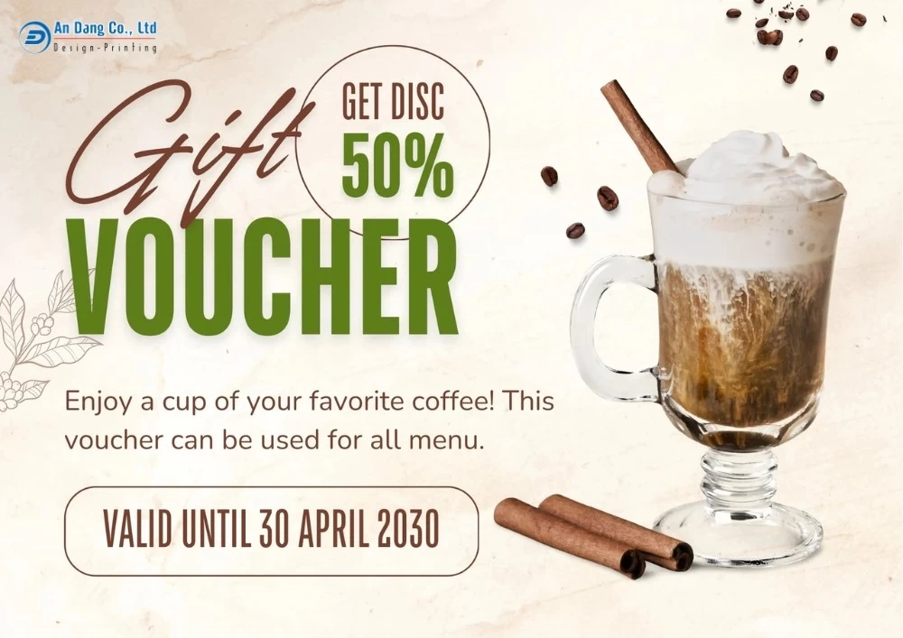 Mẫu 27 - phiếu voucher quà tặng giảm 50% cho quán cà phê