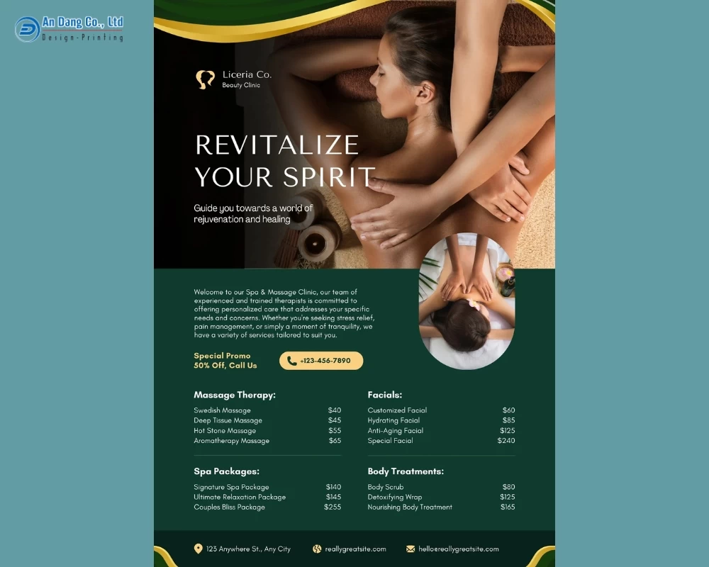 Mẫu 9 - tờ rơi spa có thể hiện bảng giá chi tiết cho các gói dịch vụ