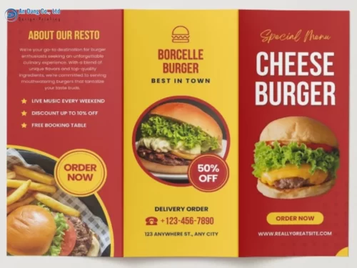 Mẫu brochure nhà hàng thu hút sử dụng tông màu đỏ - vàng