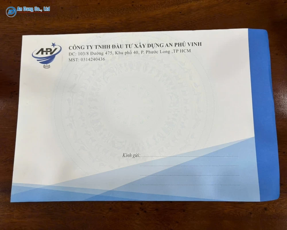 Mẫu bao thư công ty A4 cho doanh nghiệp Đầu Tư Xây Dựng An Phú Vinh