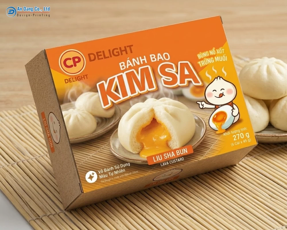 Mẫu hộp đựng bánh bao kim sa của thương hiệu CP