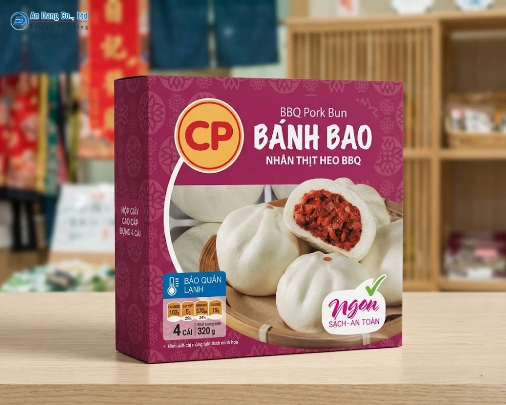 Mẫu hộp đựng bánh bao nhân thịt heo BBQ của thương hiệu CP