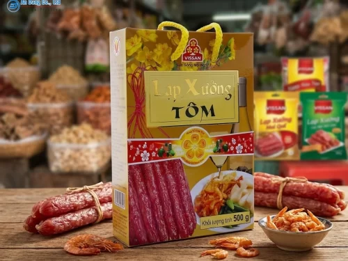 Mẫu hộp đựng lạp xưởng tôm trọng lượng 500g cho thương hiệu VISSAN
