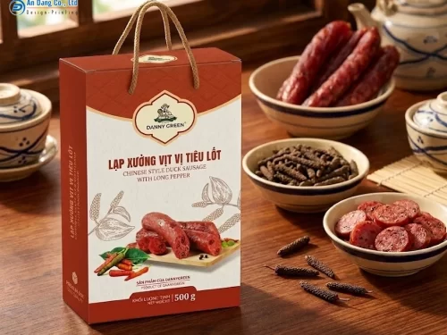 Mẫu hộp giấy có quai xách đựng lạp xưởng vịt