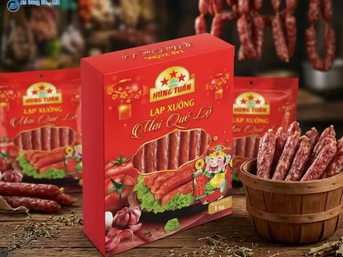 Mẫu hộp giấy đựng lạp xưởng mai quế lộ cho cơ sở Hùng Tuấn