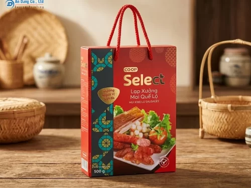 Mẫu hộp giấy đựng lạp xưởng mai quế lộ trọng lượng 500g