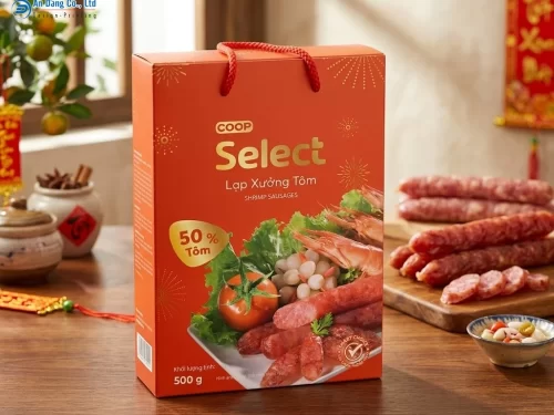 Mẫu hộp giấy đựng lạp xưởng tôm trọng lượng 500g