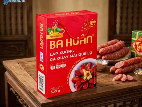 Mẫu hộp giấy đựng lạp xưởng gà quay mai quế lộ cho thương hiệu Ba Huân