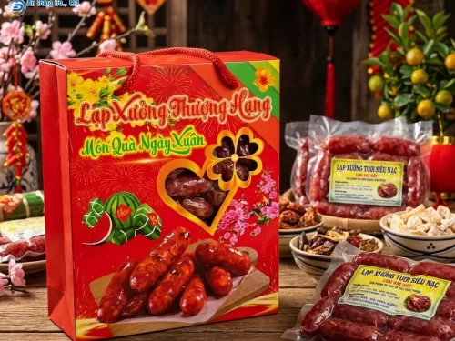 Mẫu hộp giấy kích thước trung bình đựng lạp xưởng Tết