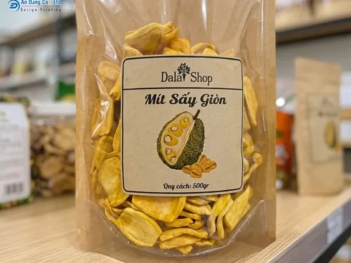 Mẫu tem nhãn mít sấy giòn có dạng hình vuông bo góc