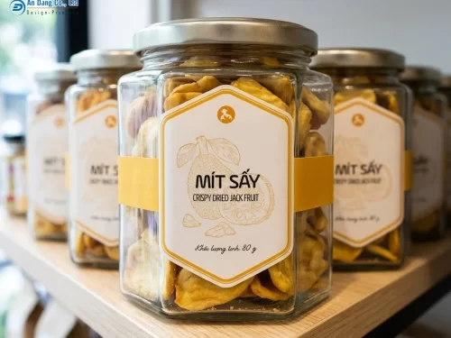 Mẫu tem nhãn mít sấy dạng lục giác