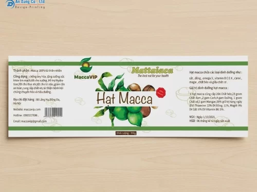 Mẫu tem hạt macca chuyên nghiệp, cung cấp đầy đủ thông tin cần thiết