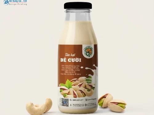 Mẫu tem nhãn dán chai sữa hạt dẻ cười có tích hợp mã QR