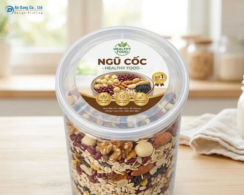 Mẫu tem ngũ cốc dinh dưỡng dạng tròn dán nắp hộp