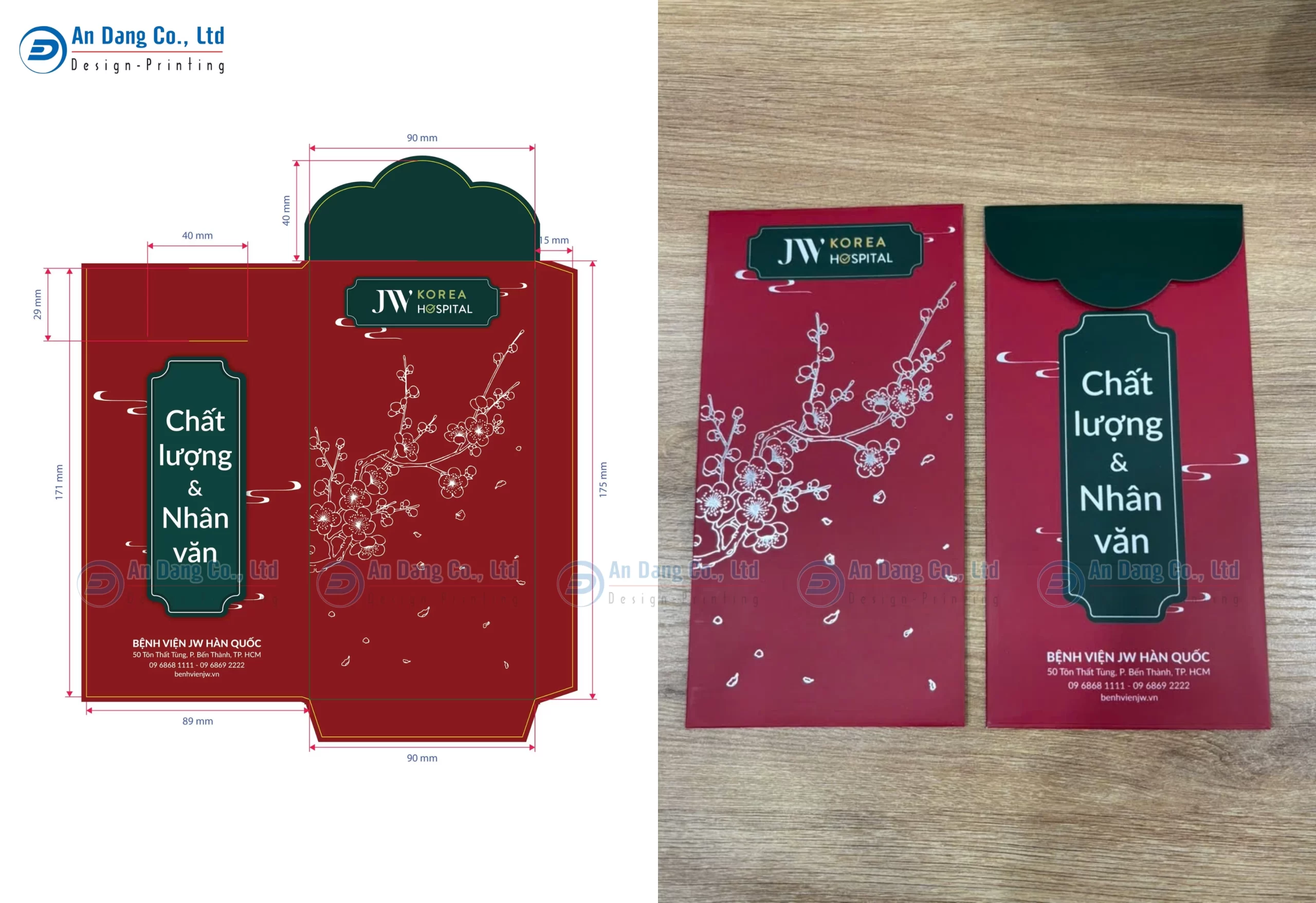 Mẫu thiết kế và ấn phẩm bao lì xì Tết 2027 thực tế cho bệnh viện JW Hàn Quốc