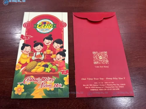 Mặt trước và mặt sau của phong bao lì xì Tết cho shop Trái Cây Cô Út Sài Gòn