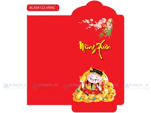 Mẫu bao lì xì viết chữ thư pháp “Mừng Xuân” kết hợp hình ảnh ông Thần Tài