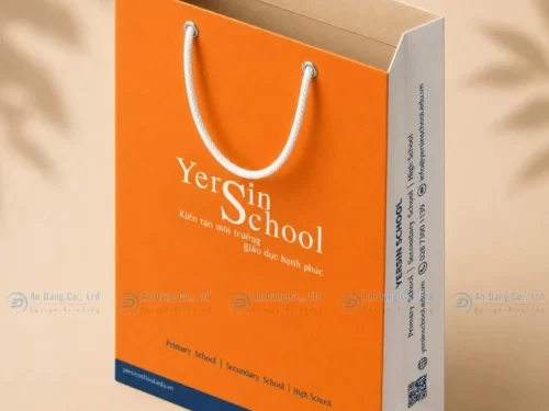 Mẫu túi giấy cho trường học Yersin nổi bật với tông màu cam - trắng - xanh dương