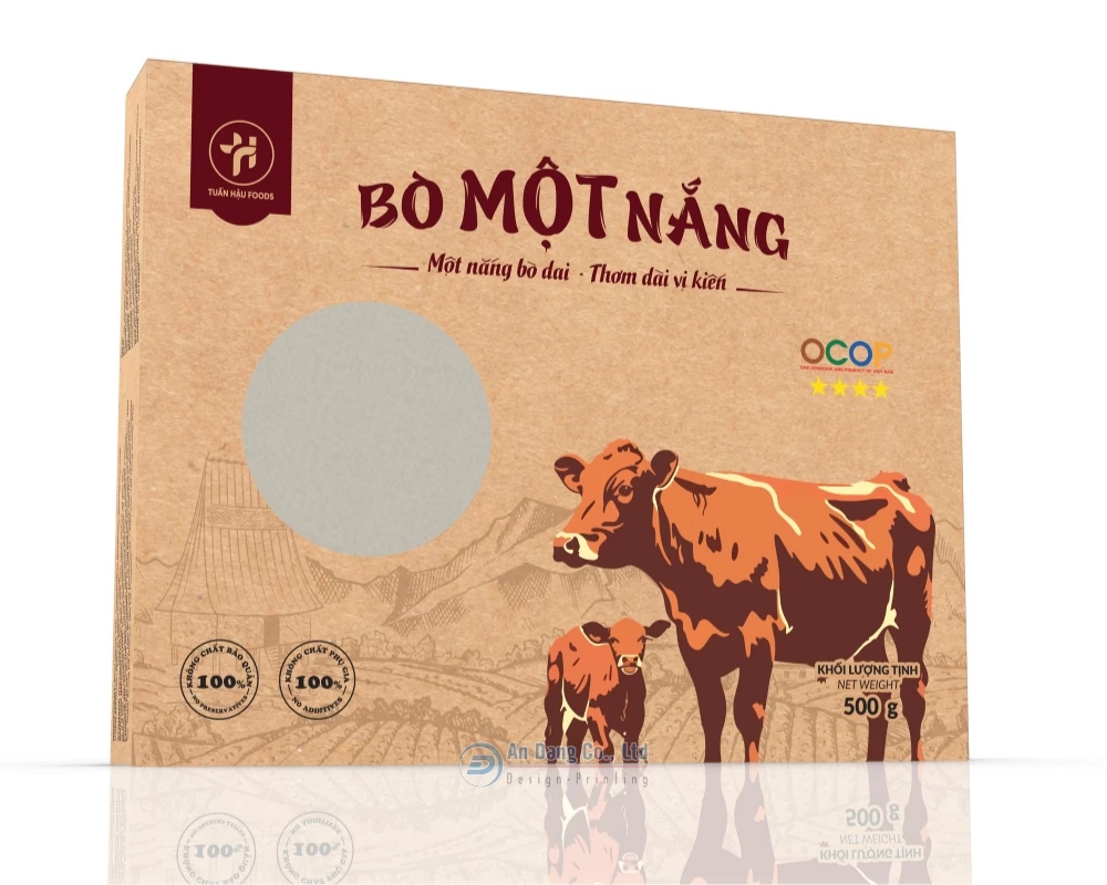 Hộp giấy đựng bò một nắng cho hãng Tuấn Hậu Foods
