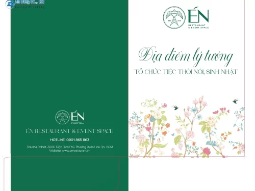 Mẫu bìa folder nhà hàng có in thông tin thương hiệu nhà hàng tổ chức tiệc Én