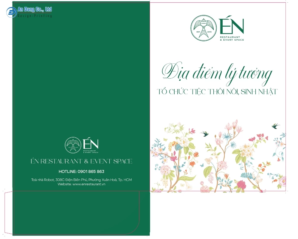Mẫu bìa folder nhà hàng có in thông tin thương hiệu nhà hàng tổ chức tiệc Én